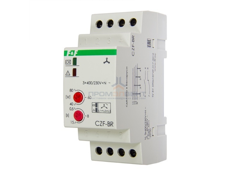 Реле контроля наличия, асимметрии фаз CZF-BR асимметрия 40-80В, задержка откл. 0,5-15с, 1NO, 1NС